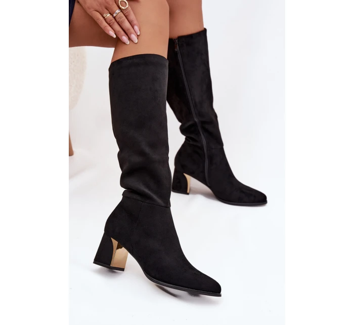 Dámské kozačky na podpatku se zlatým prvkem černé Nivarae