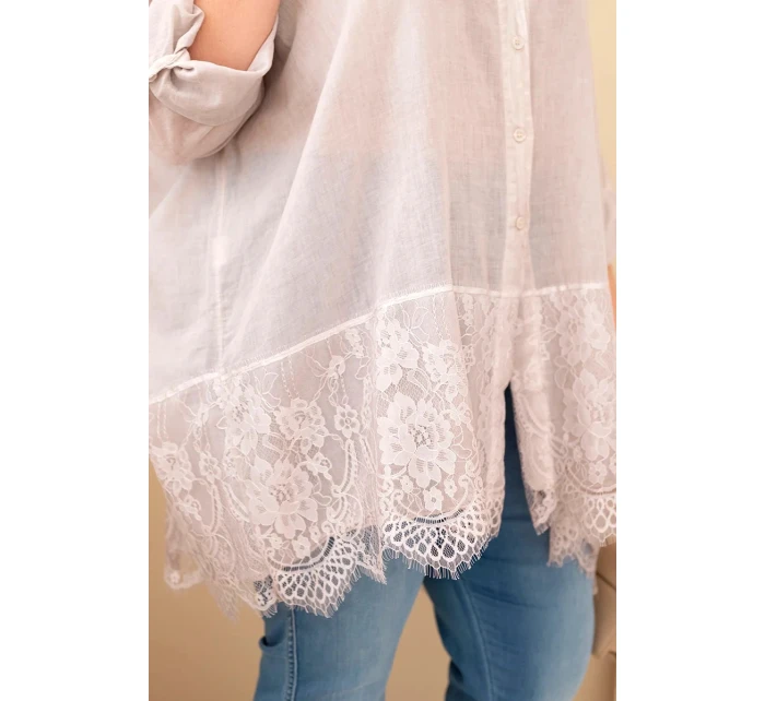 Dámská košile Plus Size bavlněná s krajkovým lemem světle béžová