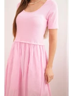 Dámské bavlněné midi šaty s krátkým rukávem a rozšířeným spodkem světle růžová