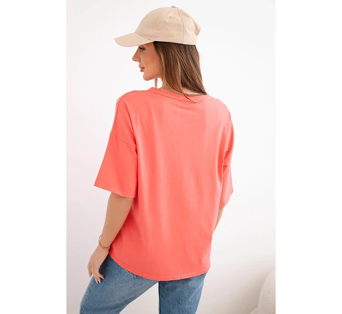 Dámská bavlněná oversize halenka s krátkým rukávem a módním potiskem meruňková