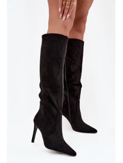 Zateplené dámské kozačky na podpatku z eko semiše černé Rosavine
