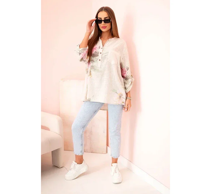 Dámská blůza z bavlny s květinovým vzorem a knoflíky béžový