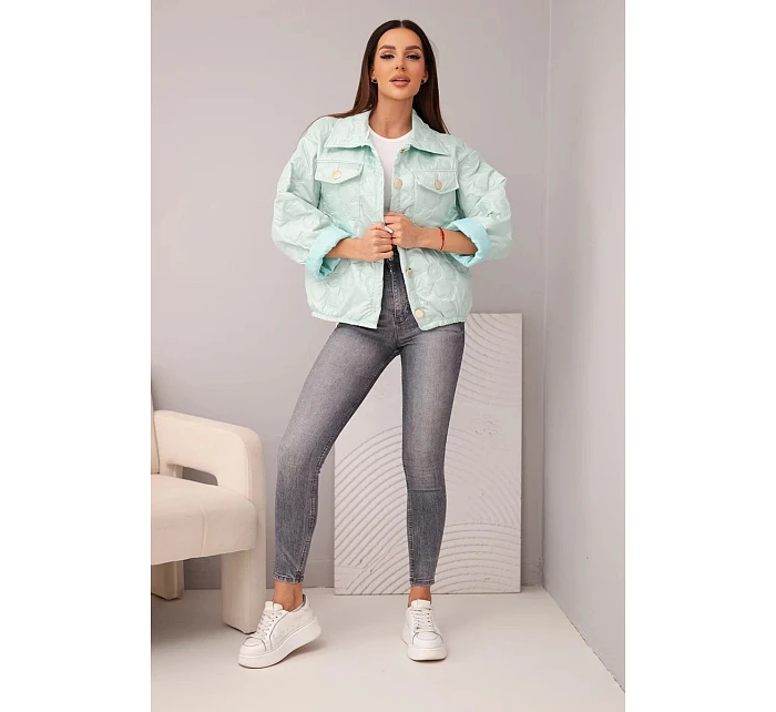 Dámská jarní prošívaná bunda s květinovým vzorem světle mátová