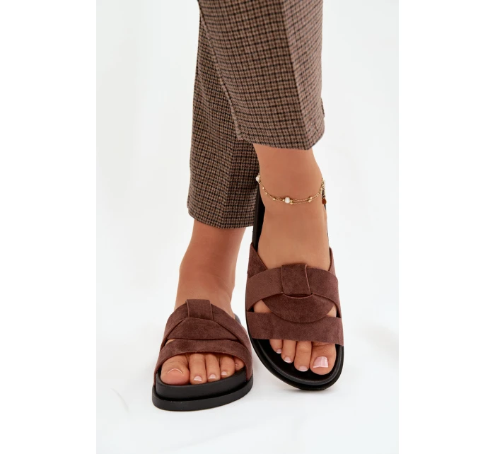 Dámské pantofle Eko semiš s pásky tmavě hnědé model 21918929 - Boto Dámské pantofle Eko semiš s pásky tmavě hnědé model 21918929 - Boto