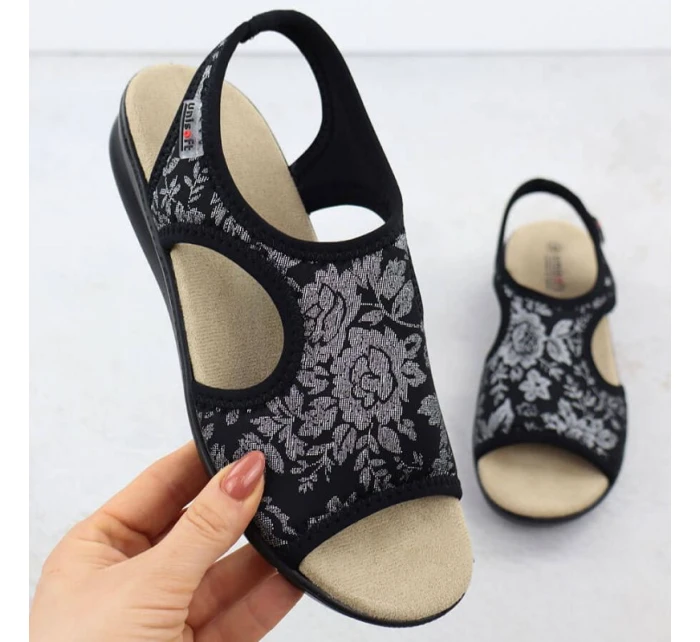 Dámské elastické květinové sandály s vysokým sedem černé Unisoft 7196