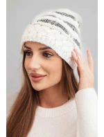 Dámská zimní čepice z vlny v hrubém pletení a pruhy K465 ecru + grafitová Dámská zimní čepice z vlny v hrubém pletení a pruhy K465 ecru + grafitová