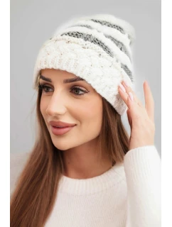 Dámská zimní čepice z vlny v hrubém pletení a pruhy K465 ecru + grafitová