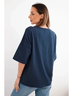 Dámská bavlněná oversize halenka s krátkým rukávem a model 22042974 potiskem námořnická modrá - K-Fashion