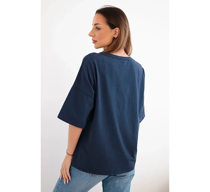 Dámská bavlněná oversize halenka s krátkým rukávem a model 22042974 potiskem námořnická modrá - K-Fashion