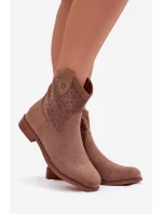 Dámské kotníkové boty na nízkém podpatku s krajkovým vzorem model 22007421 Hnědé - S.Barski Dámské kotníkové boty na nízkém podpatku s krajkovým vzorem model 22007421 Hnědé - S.Barski