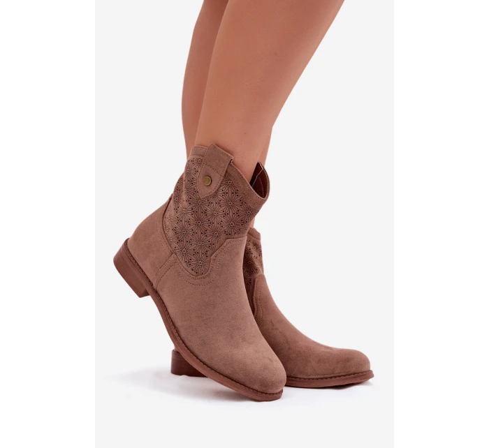Dámské kotníkové boty na nízkém podpatku s krajkovým vzorem model 22007421 Hnědé - S.Barski Dámské kotníkové boty na nízkém podpatku s krajkovým vzorem model 22007421 Hnědé - S.Barski