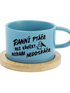 RANNÍ PTÁČE BEZ KÁVIČKY NIKAM NEDOSKÁČE - modrý hrníček makronka 200 ml