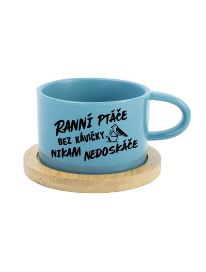 RANNÍ PTÁČE BEZ KÁVIČKY NIKAM NEDOSKÁČE - modrý hrníček makronka 200 ml
