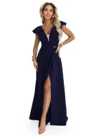 Elegantní maxi šaty s hlubokým výstřihem a rozparkem na nohou tmavě modré model 21861000 - numoco