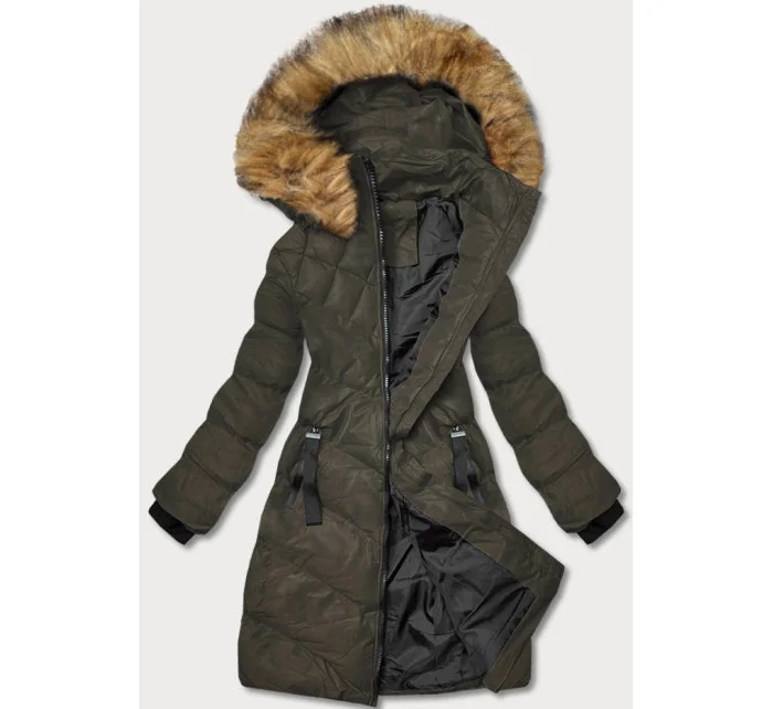 Dámská zimní bunda v army barvě s ozdobným prošívaním (5m730-136)