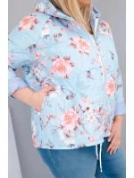 Dámská jarní prošívaná bunda Plus Size s kapucí a květinovým vzorem modrá