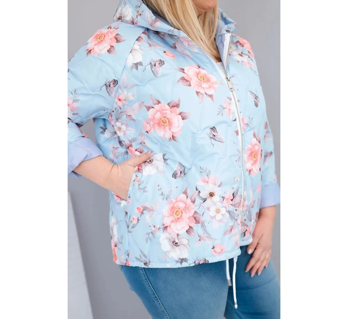 Dámská jarní prošívaná bunda Plus Size s kapucí a květinovým vzorem modrá