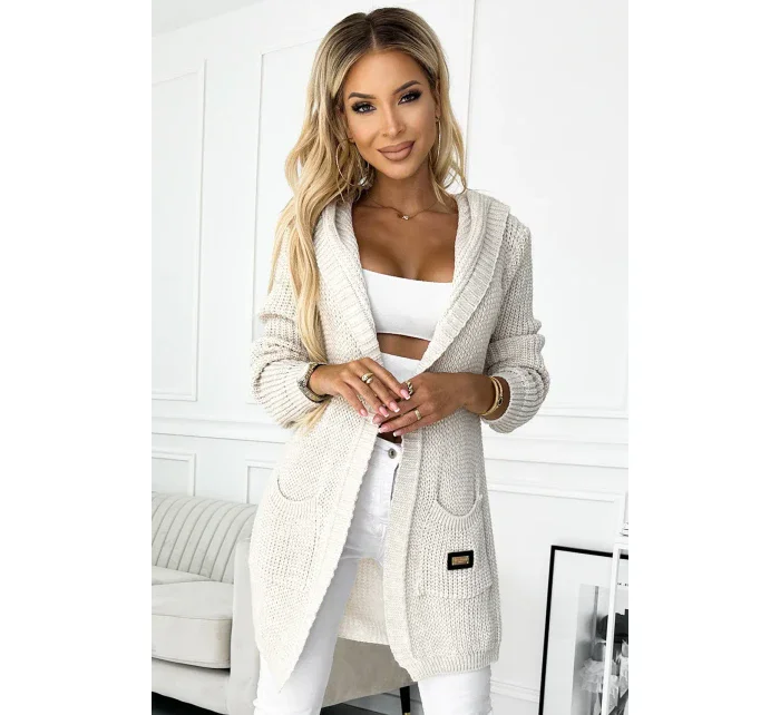 Béžový dámský kardigan přehoz přes oblečení s kapucí, kapsičkami a nášivkou model 18812067 - numoco basic