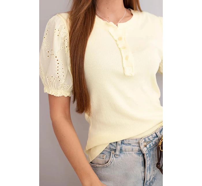 Dámská bavlněná žebrovaná halenka s rukávy a žlutá model 22045179 - K-Fashion