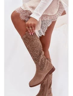 Dámské perforované vysoké kozačky na nízkém podpatku S.Barski HY61-8023 Béžové