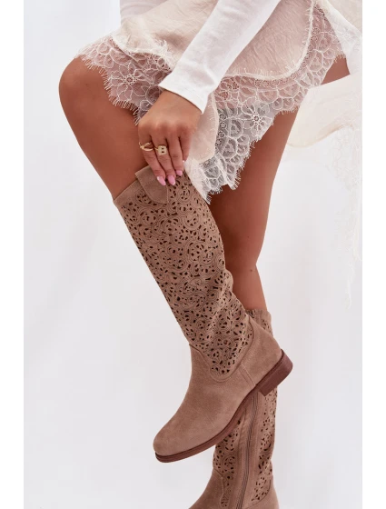 Dámské perforované vysoké kozačky na nízkém podpatku S.Barski HY61-8023 Béžové