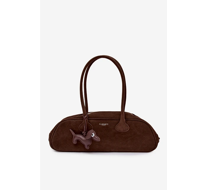 Hnědá baguette kabelka z imitace semiše s přívěskem jezevčík Annette
