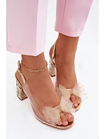 Sandály na podpatku s krystaly síťová mašle D&A MR61-9010 Zlaté