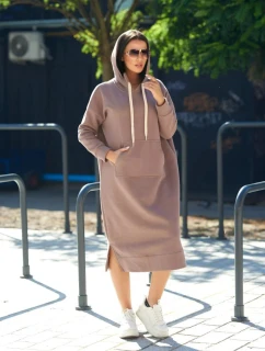 Dlouhé šaty s kapucí 9623 Tmávě béžová - K-Fashion