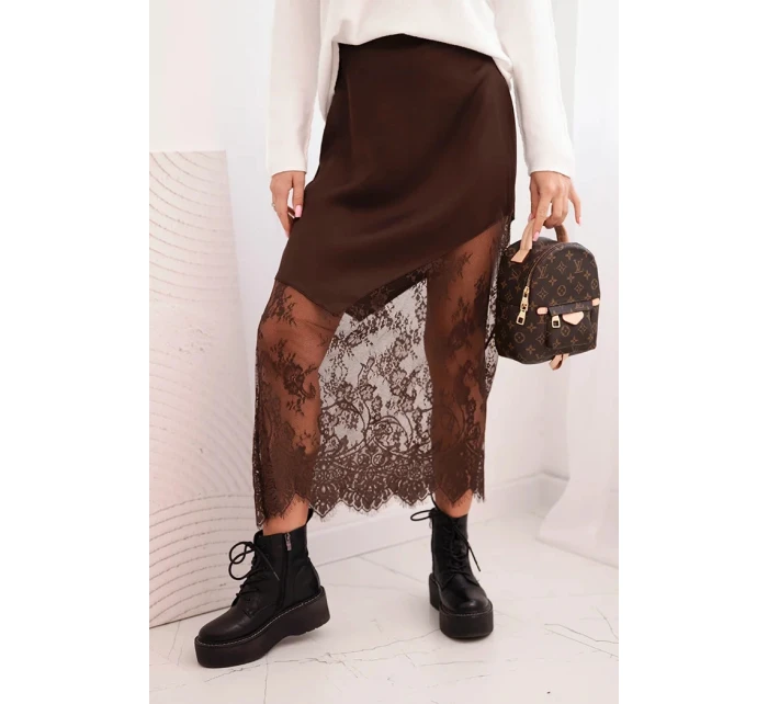 Dámská viskózová sukně s krajkou hnědá