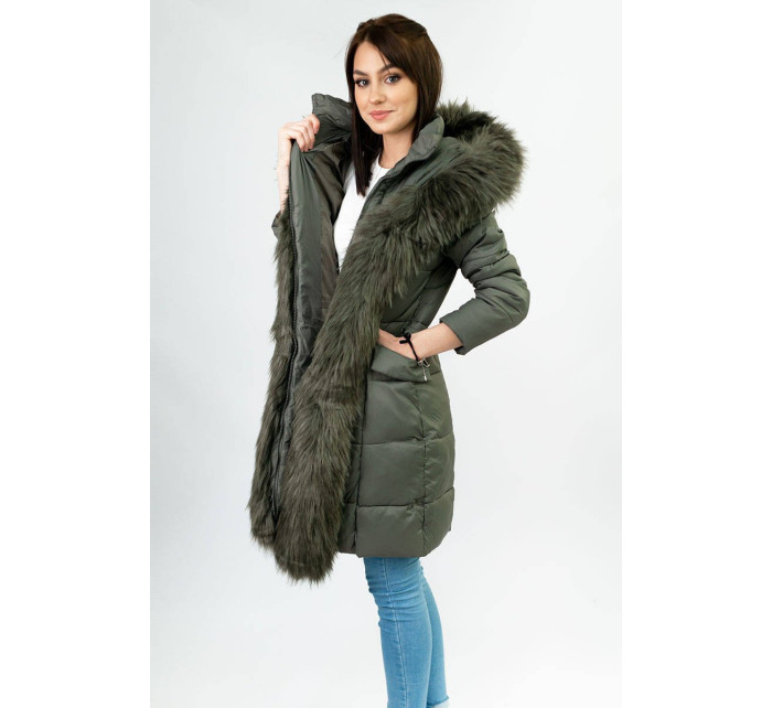 Prošívaná dámská zimní bunda v khaki barvě s kapucí (aura)