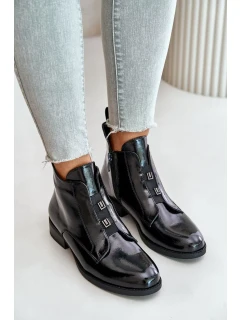 Lakované Kotníkové Boty Na Zip Zateplené Plochý Podpatek S.Barski Černé