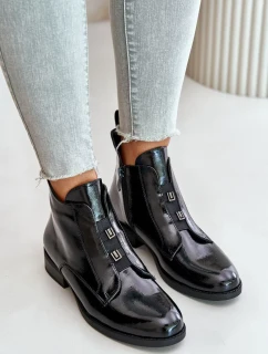 Lakované Kotníkové Boty Na Zip Zateplené Plochý Podpatek S.Barski Černé