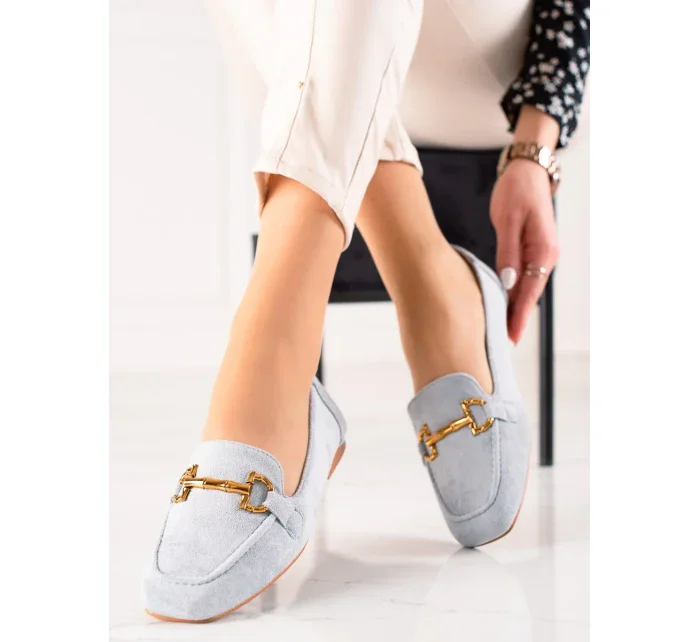 Jedinečné modré  mokasíny dámské na plochém podpatku
