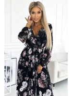 Černé dámské plisované midi šaty s výstřihem, dlouhými rukávy, zavazováním v pase a se vzorem květů model 21883680 - numoco basic