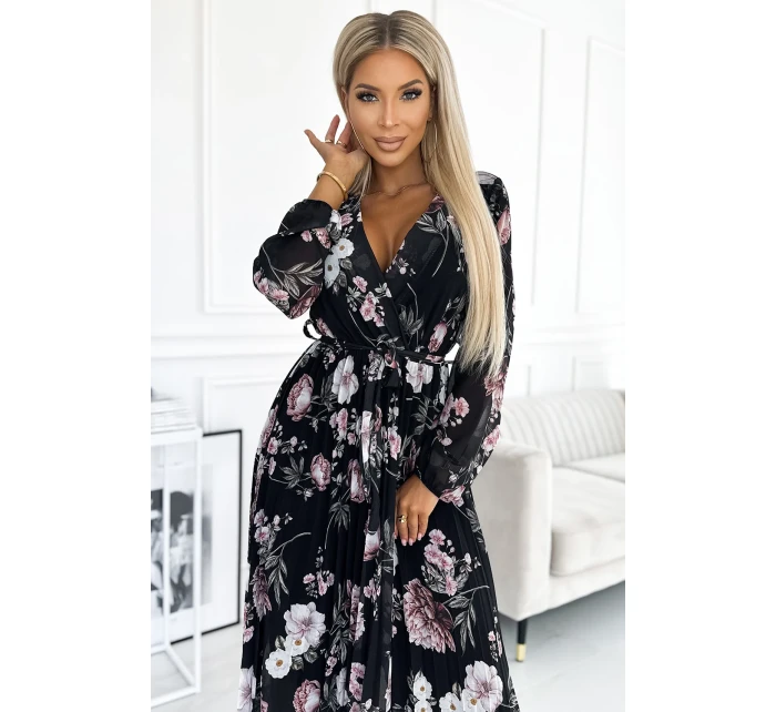 Černé dámské plisované midi šaty s výstřihem, dlouhými rukávy, zavazováním v pase a se vzorem květů model 21883680 - numoco basic
