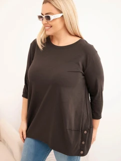 Dámská blůza Plus Size z bavlny s ozdobnými knoflíky a ohrnutými rukávy hnědá