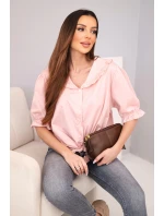 Dámská bavlněná košile s volánkem a vázáním pudrově růžová