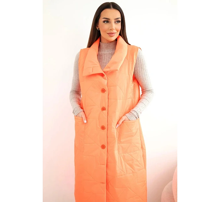 Dámská prošívaná dlouhá vesta s kapsami a stojáčkem neonová oranžová