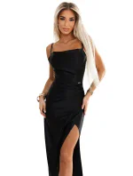 483-7 DIANE saténové dlouhé šaty s rozparkem na nohou - ČERNÉ 483-7 DIANE saténové dlouhé šaty s rozparkem na nohou - ČERNÉ