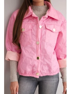 Dámská jarní prošívaná bunda s květinovým vzorem cukrově růžová