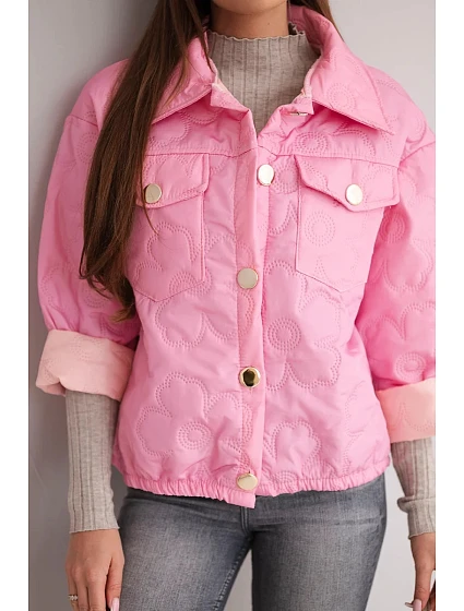 Dámská jarní prošívaná bunda s květinovým vzorem cukrově růžová