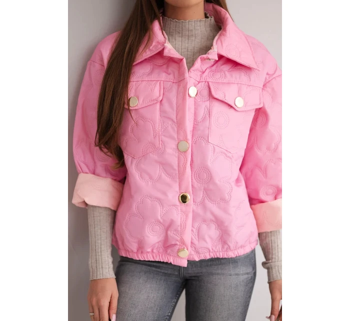 Dámská jarní prošívaná bunda s květinovým vzorem cukrově růžová