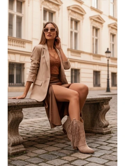 Dámské cowboy boty s třásněmi na podpatku Khaki Gralina