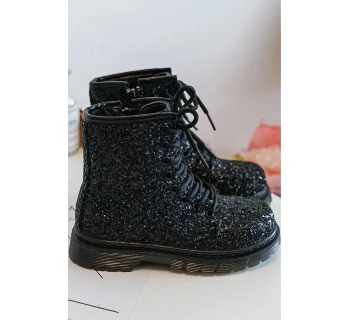 Dětské třpytivé zateplené kotníkové boty na zip, černá Saussa