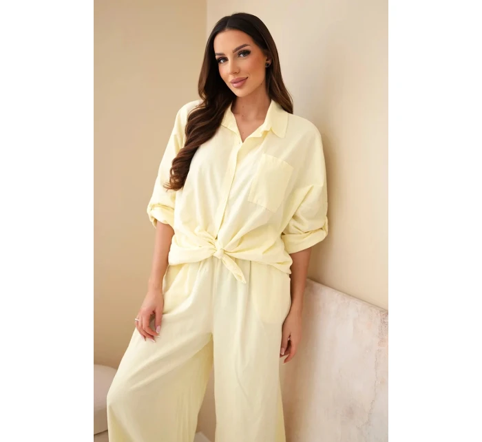 Dámský bavlněný komplet s model 22015466 košilí a širokými nohavicemi žlutý - K-Fashion