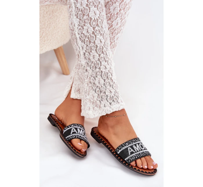 Dámské Pantofle Na Plochém Podpatku Se Zdobením Amore Černé Avelina