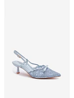 Dámské krajkové sandály na podpatku s mašlí Modré model 22107296 - Boto