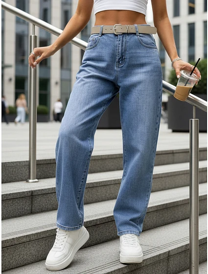 Jeansy damskie niebieskie z paskiem model 22102013 - FashionStreet