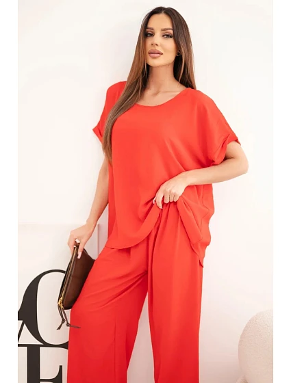 Dámský komplet Plus Size halenka a kalhoty s širokou nohavicí červený Dámský komplet Plus Size halenka a kalhoty s širokou nohavicí červený
