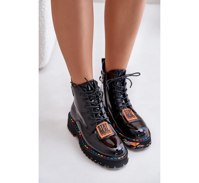 Lakované Botky Traperky Dámské Na Zip Kožené Artiker 55C0517 Černé